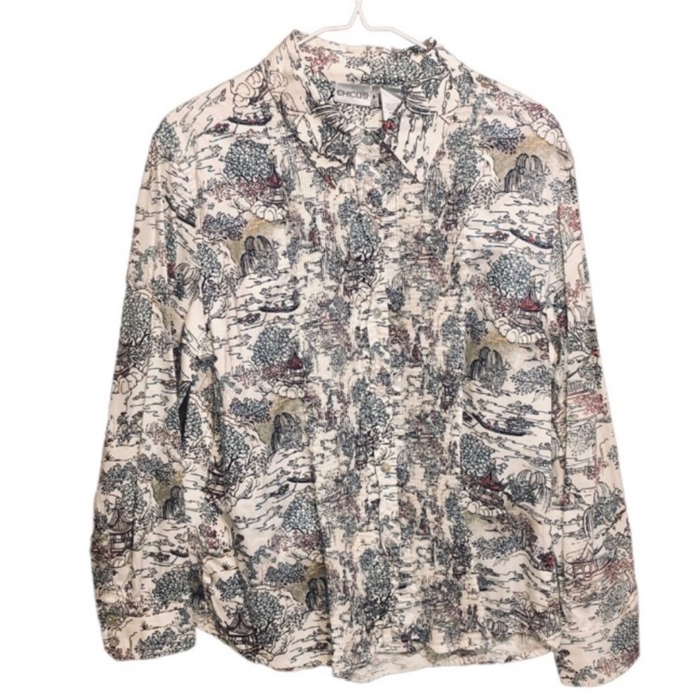 CHICO’S Asian Garden Print Button Down SHIRT Size LARGE (Chico's Size 2)